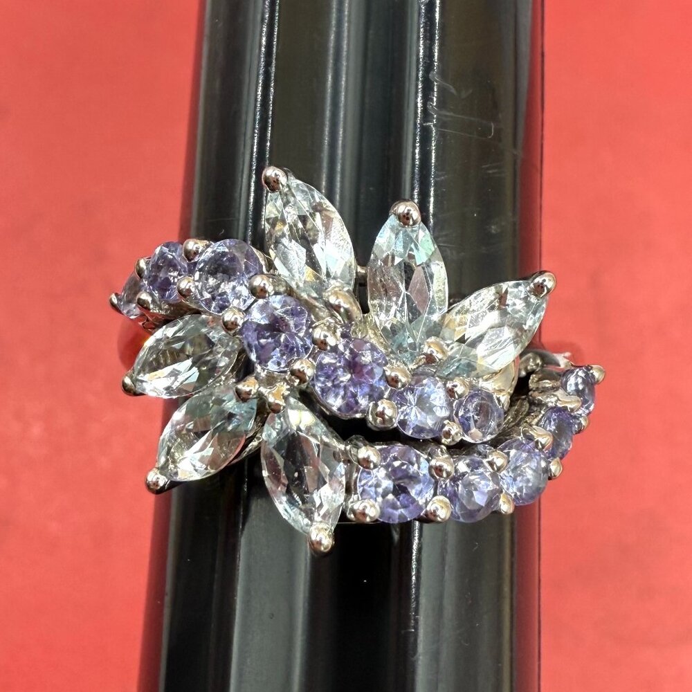 Glamorous Blue Topaz Purple Amethyst Sterling Silver Cocktail Gems Ring Size 8 - Picture 9 of 12